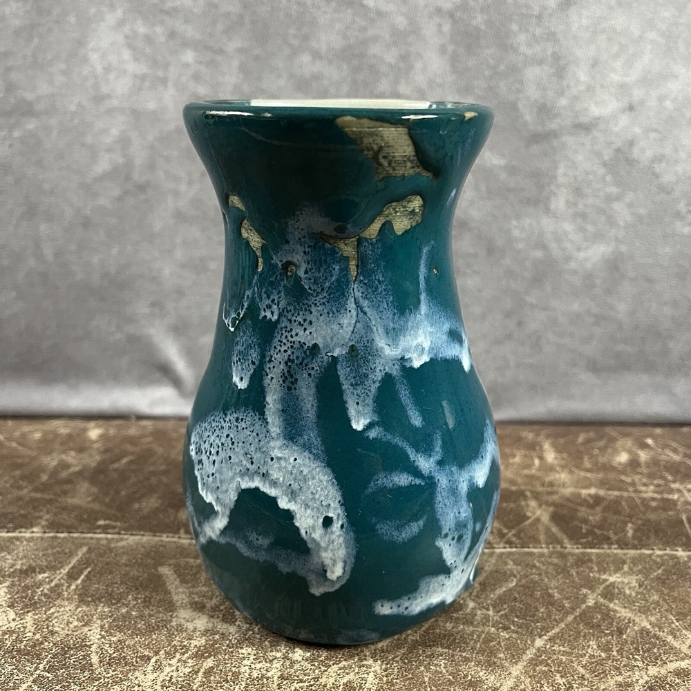 AMD Artisan Pottery Vase Small Teal Blue White Drip Glaze Coastal Decor Coastal